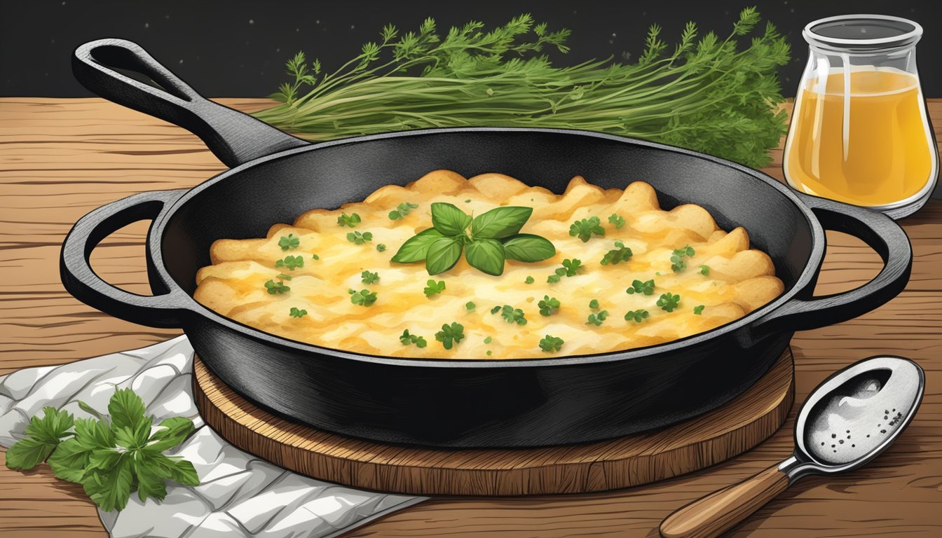 A rustic wooden table with a steaming cast iron skillet filled with creamy, cheesy potato au gratin, garnished with fresh herbs and cracked black pepper