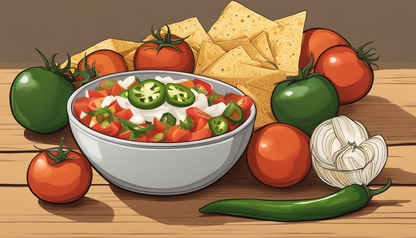 A bowl of fresh tomatoes, onions, and jalapenos, surrounded by tortilla chips and a jar of salsa