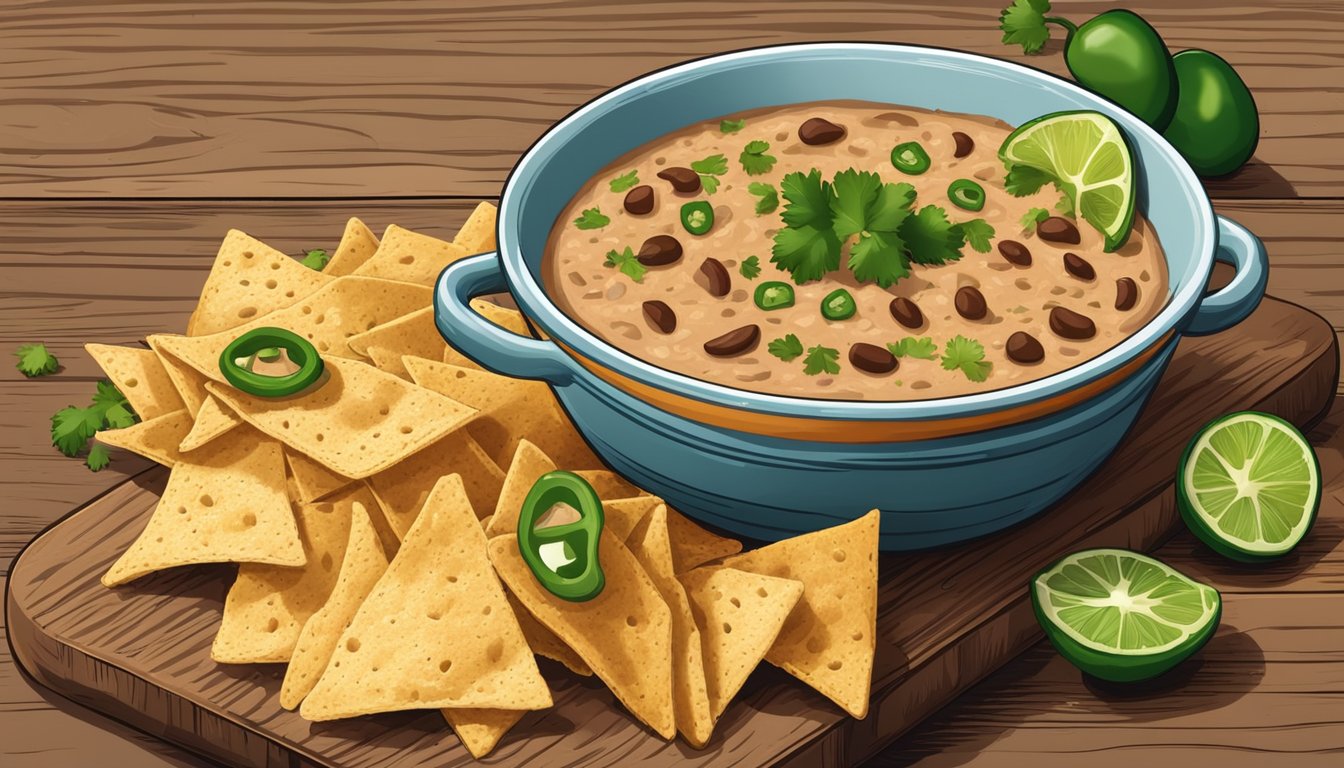 A bowl of warm refried bean dip sits on a rustic wooden table, surrounded by tortilla chips and garnished with fresh cilantro and sliced jalapenos