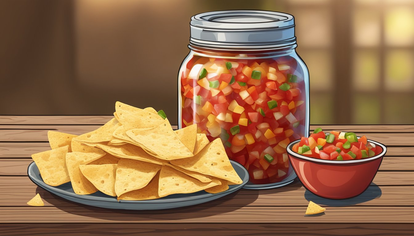 A mason jar filled with vibrant, chunky salsa sits on a rustic wooden table next to a basket of freshly baked tortilla chips