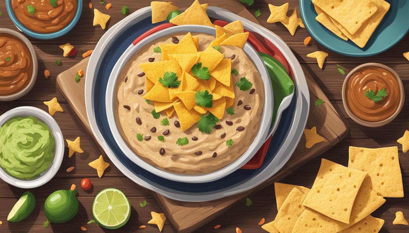 A rustic wooden table set with a colorful assortment of tortilla chips and a bowl of creamy, flavorful Texas-style refried bean dip, surrounded by festive party decorations