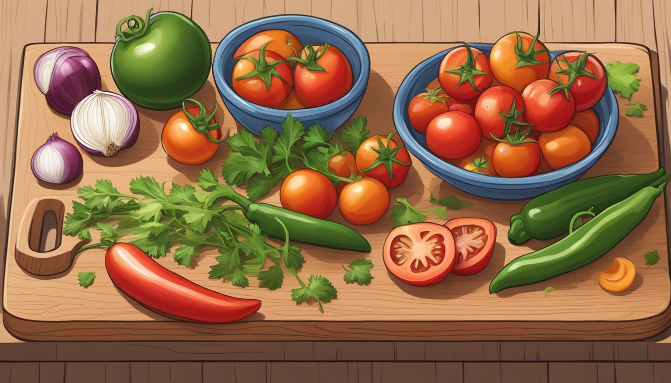 A colorful array of fresh tomatoes, onions, jalapeños, and cilantro spread out on a wooden cutting board, ready to be chopped and mixed into a vibrant salsa