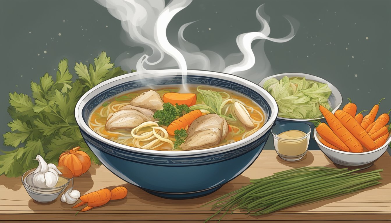 A steaming bowl of Texas-style roast chicken noodle soup, surrounded by rustic ingredients like carrots, celery, and herbs, evoking warmth and comfort