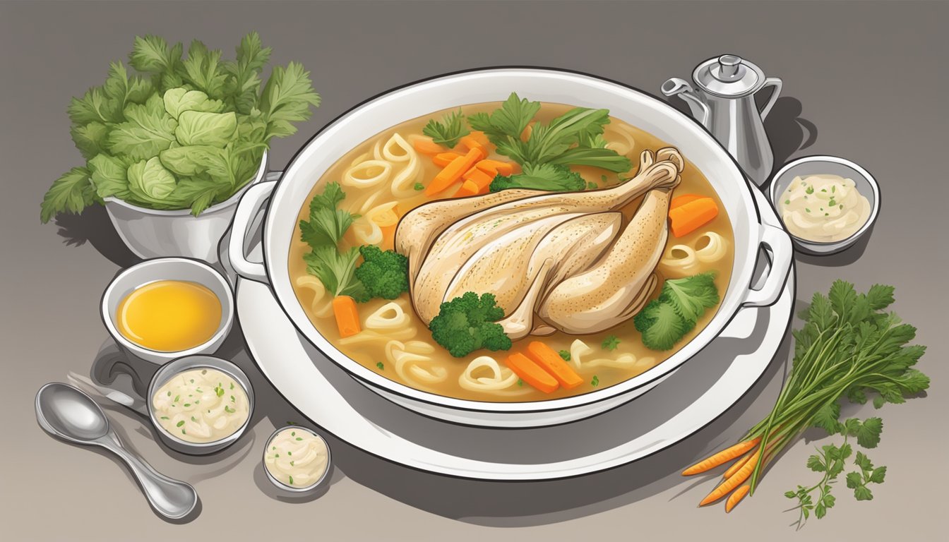 A steaming pot of Texas-style roast chicken noodle soup, surrounded by fresh vegetables and herbs, exuding a comforting and flavorful aroma