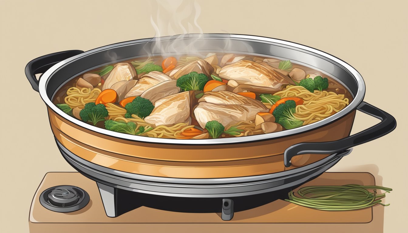 A large pot simmering on a stove, filled with chunks of roast chicken, vegetables, and noodles in a rich, aromatic broth