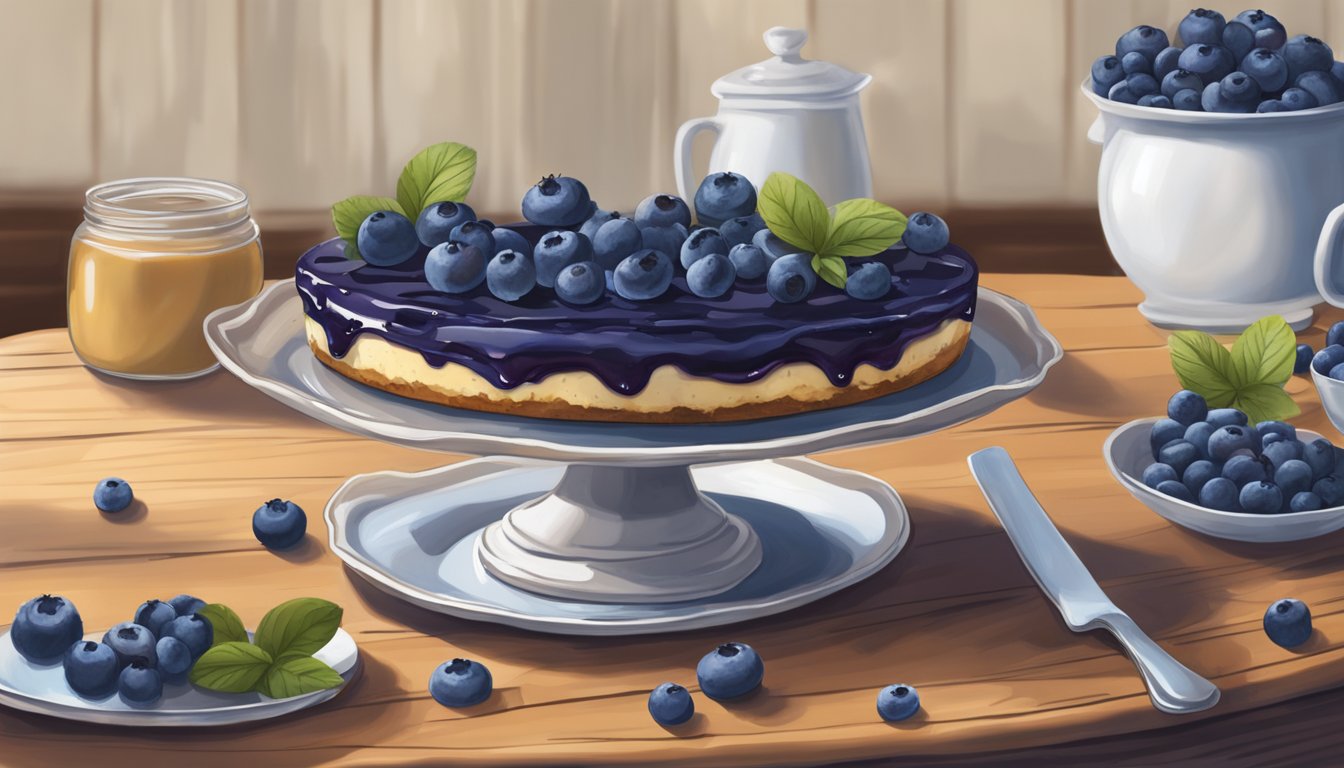 A rustic kitchen table with a freshly baked Texas-style stuffed blueberry cheesecake as the centerpiece, surrounded by scattered blueberries and a dollop of whipped cream