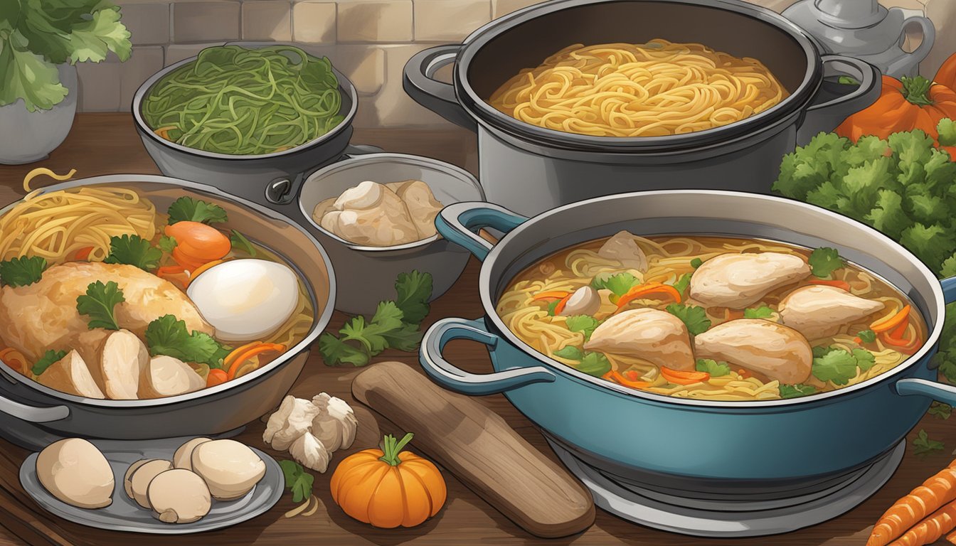 A large pot simmers on a rustic stove, filled with hearty chunks of roast chicken, colorful vegetables, and twirling egg noodles, infusing the kitchen with the rich aroma of Texas-style chicken noodle soup