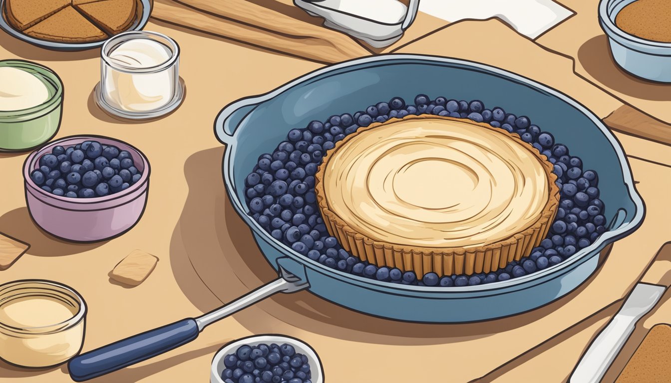 A baker presses a graham cracker crust into a pie dish, ready to fill with a rich blueberry cheesecake mixture