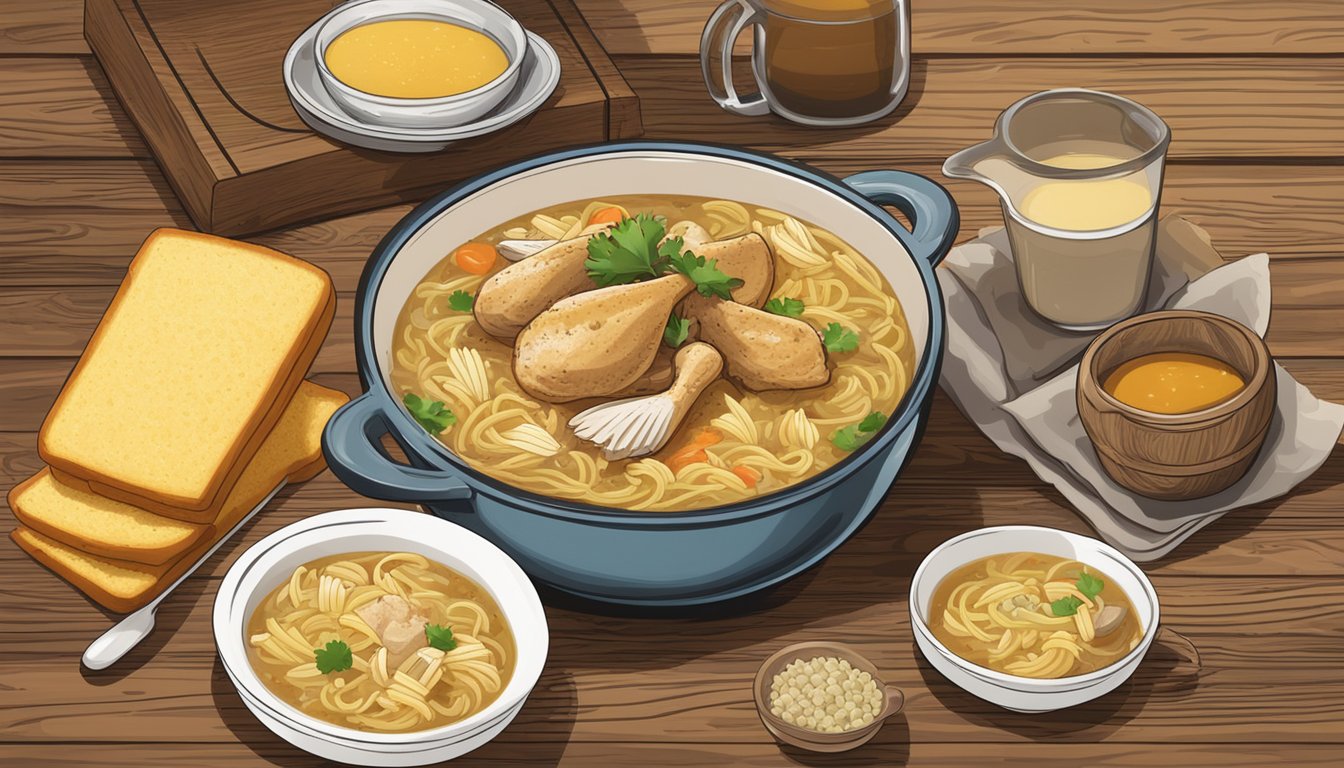 A steaming bowl of Texas-style roast chicken noodle soup with a side of cornbread on a rustic wooden table