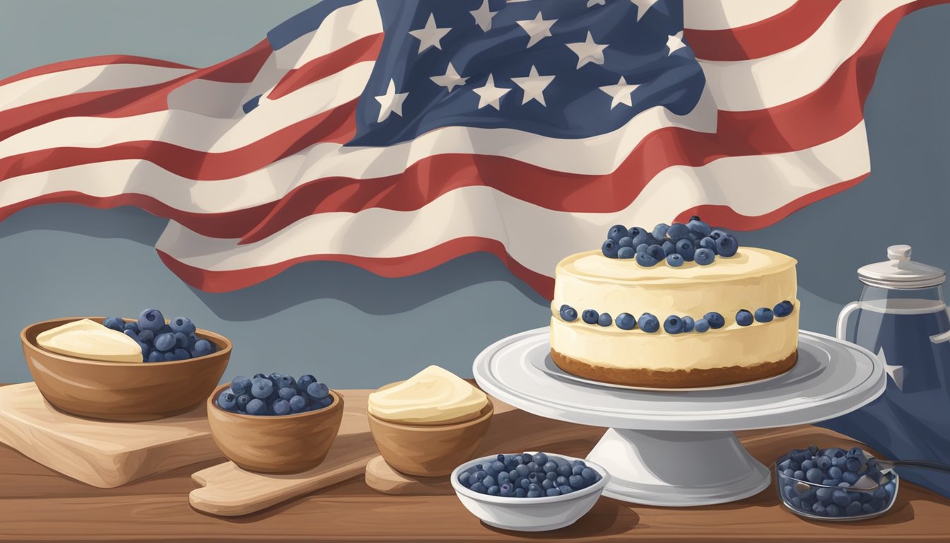 A rustic kitchen counter with a mixing bowl filled with creamy cheesecake filling, surrounded by fresh blueberries and a Texas flag apron