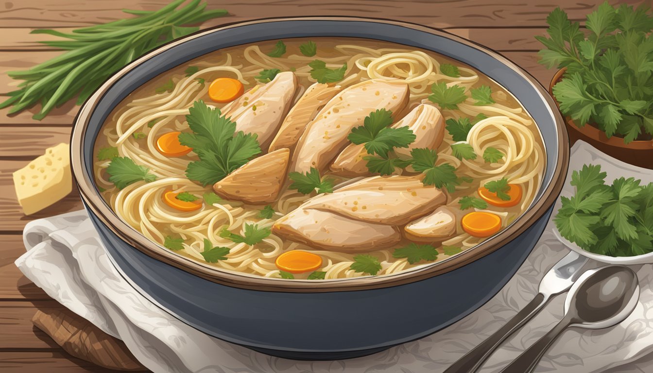 A steaming bowl of Texas-style roast chicken noodle soup sits on a rustic wooden table, surrounded by fresh herbs and spices