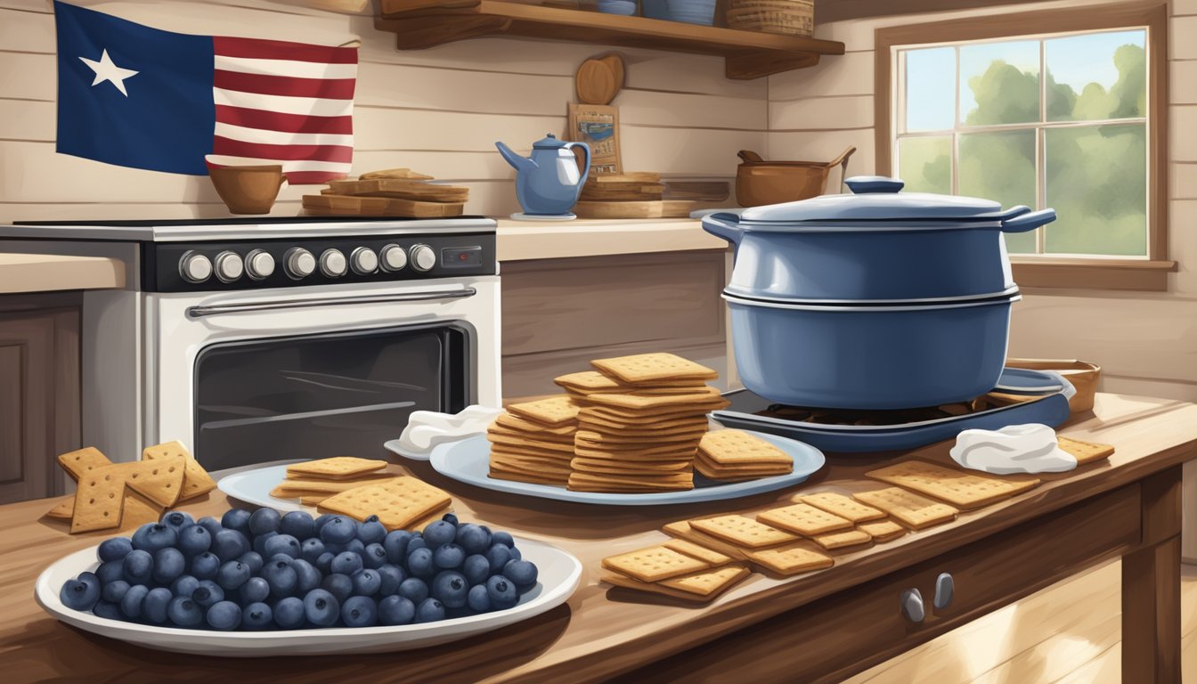 A rustic kitchen with a vintage oven, a wooden table filled with fresh blueberries, cream cheese, and graham crackers, and a Texas flag hanging on the wall