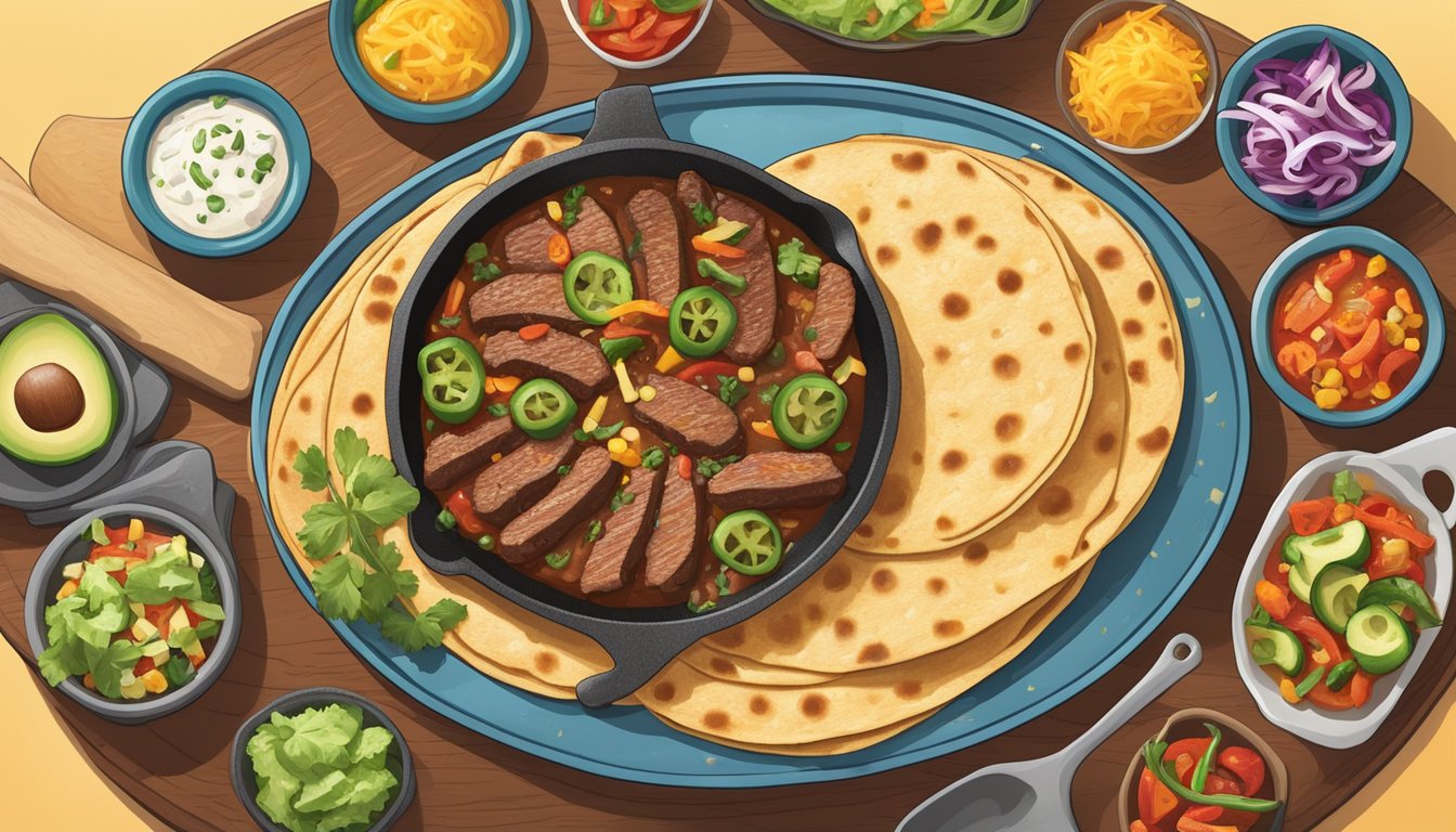 A sizzling skillet with spicy steak, jalapeños, and cheese melting in a tortilla, surrounded by colorful toppings and sides in a Texas-inspired setting