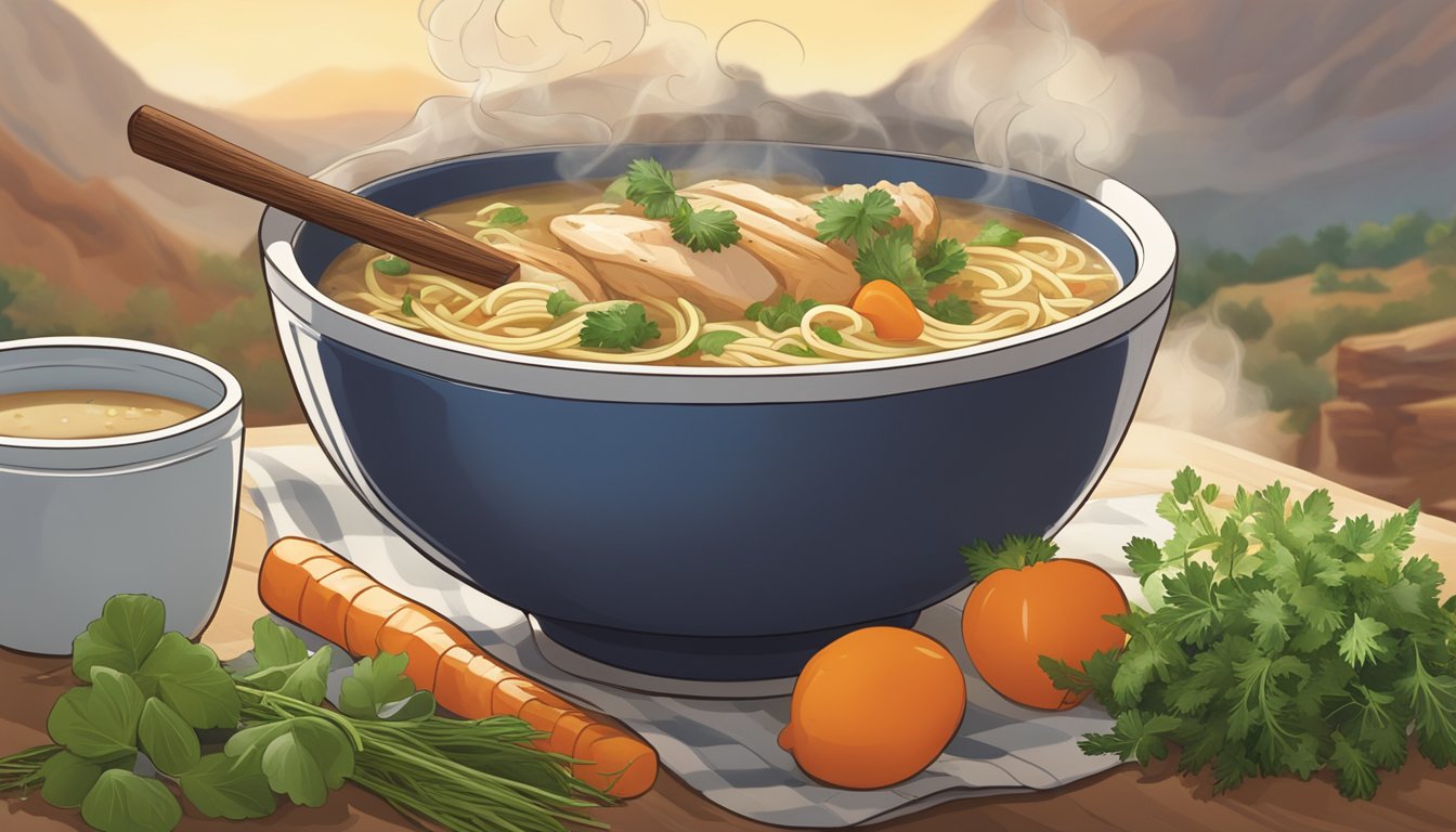 A steaming bowl of Texas-style roast chicken noodle soup, surrounded by fresh herbs and vegetables, emanating a comforting aroma