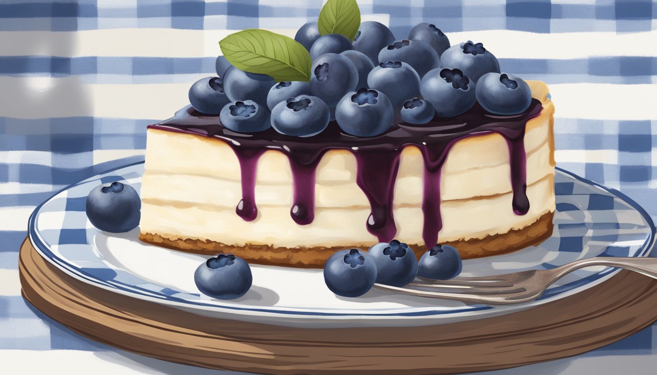 A rustic Texas-style cheesecake adorned with fresh blueberries and a drizzle of blueberry compote, set against a backdrop of vintage blue and white gingham fabric