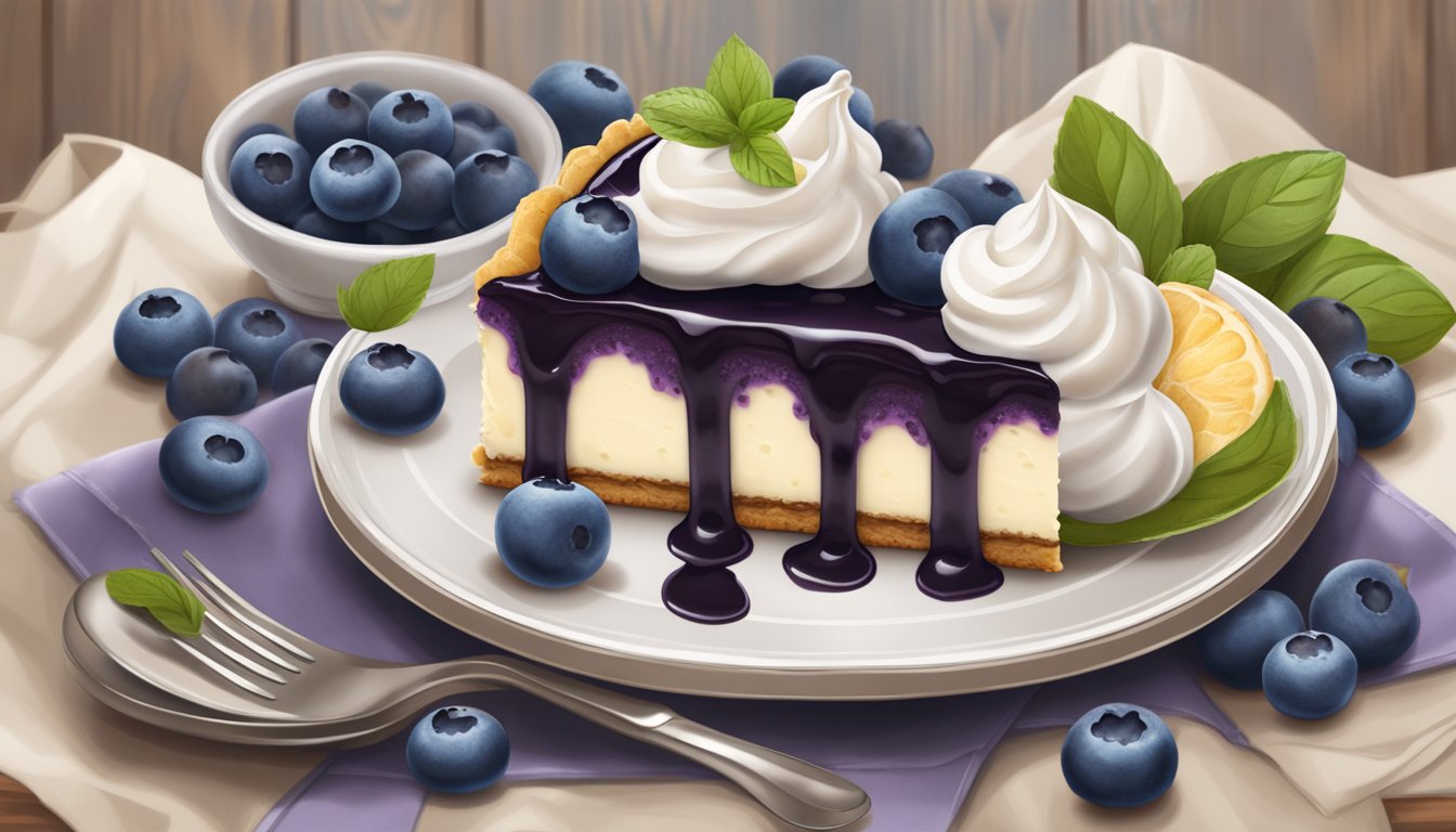 A rustic wooden table adorned with a decadent Texas-style stuffed blueberry cheesecake, surrounded by fresh blueberries and a dollop of whipped cream