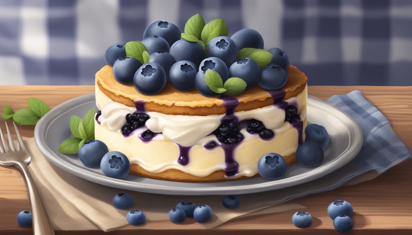 A rustic kitchen counter with a Texas-style stuffed blueberry cheesecake surrounded by fresh blueberries and a dollop of whipped cream