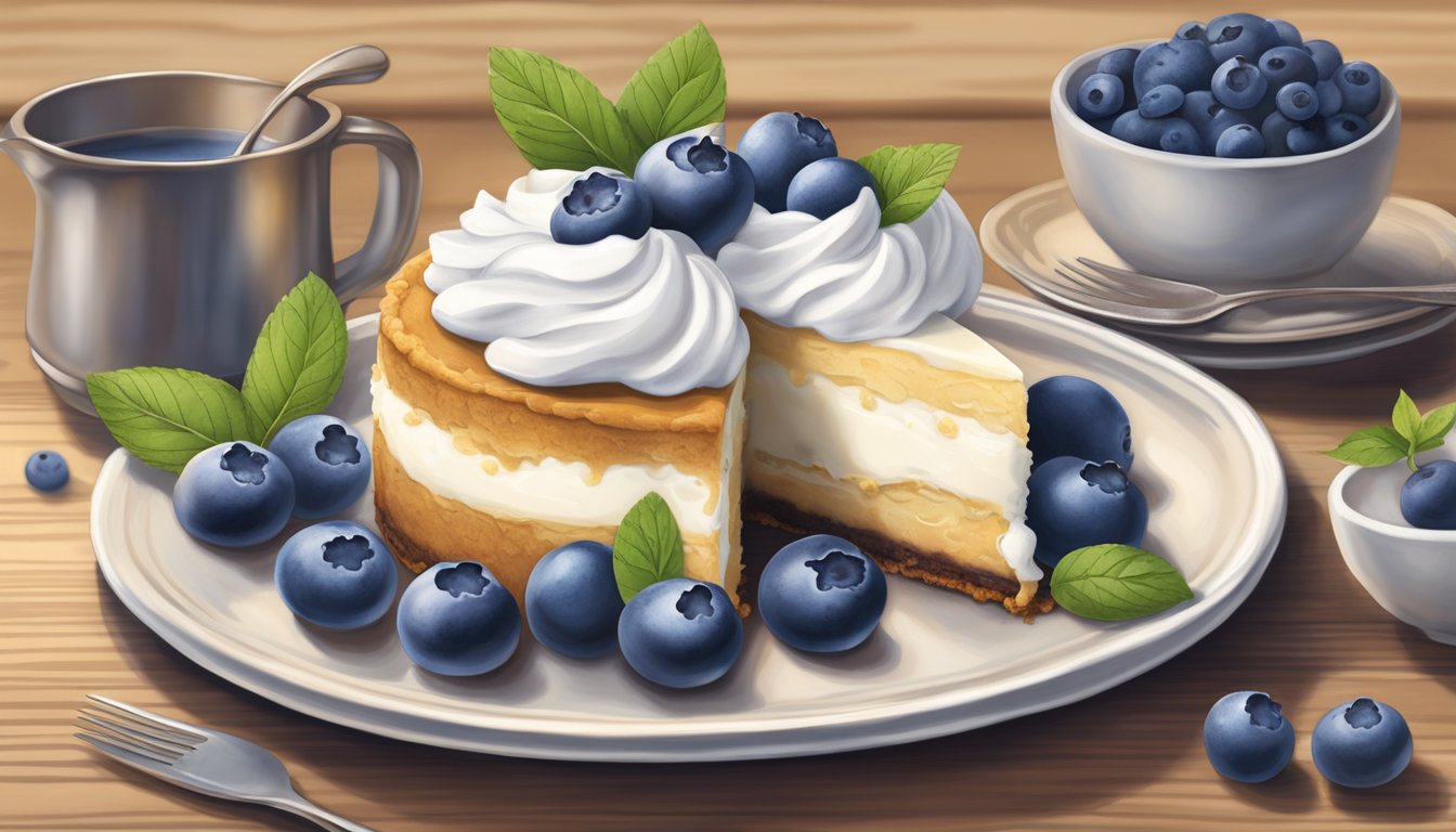 A rustic kitchen table displays a decadent Texas-style stuffed blueberry cheesecake, surrounded by fresh blueberries and a dollop of whipped cream