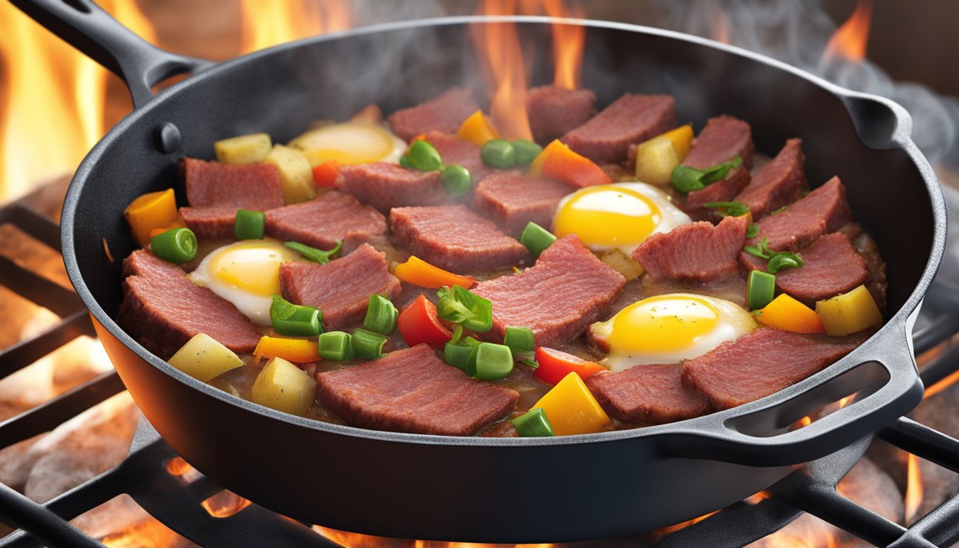 A sizzling skillet of Texas-style corned beef hash with peppers and onions cooking over an open flame on a rustic Southern stove