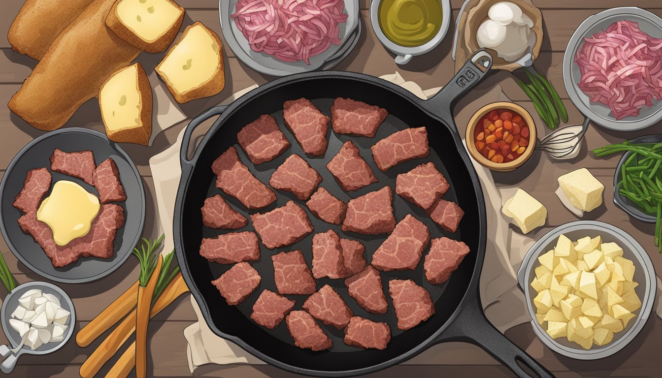 A cast iron skillet sizzling with chunks of corned beef, diced potatoes, and onions, surrounded by a variety of Texan cooking utensils