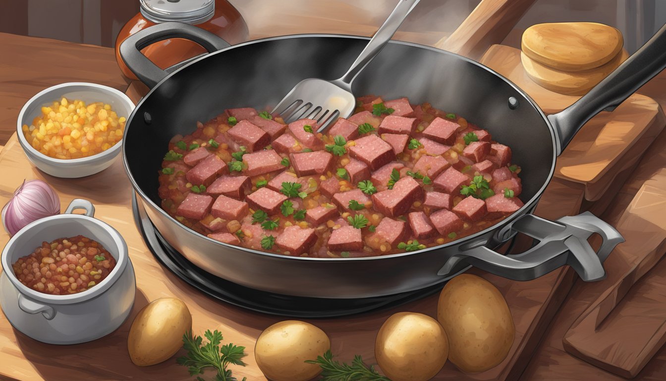 A sizzling skillet cooks up chunks of corned beef, diced potatoes, and onions, with a sprinkle of herbs and spices, creating a mouthwatering Texas-style corned beef hash