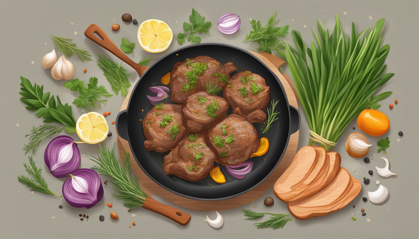 A sizzling pan with seasoned lamb chumps, surrounded by fresh herbs and spices