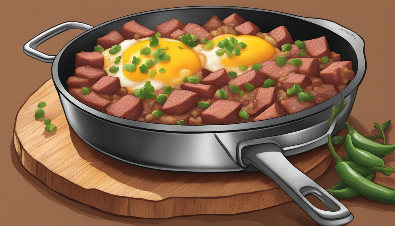 A sizzling skillet of Texas-style corned beef hash with peppers and onions, seasoned with southern spices