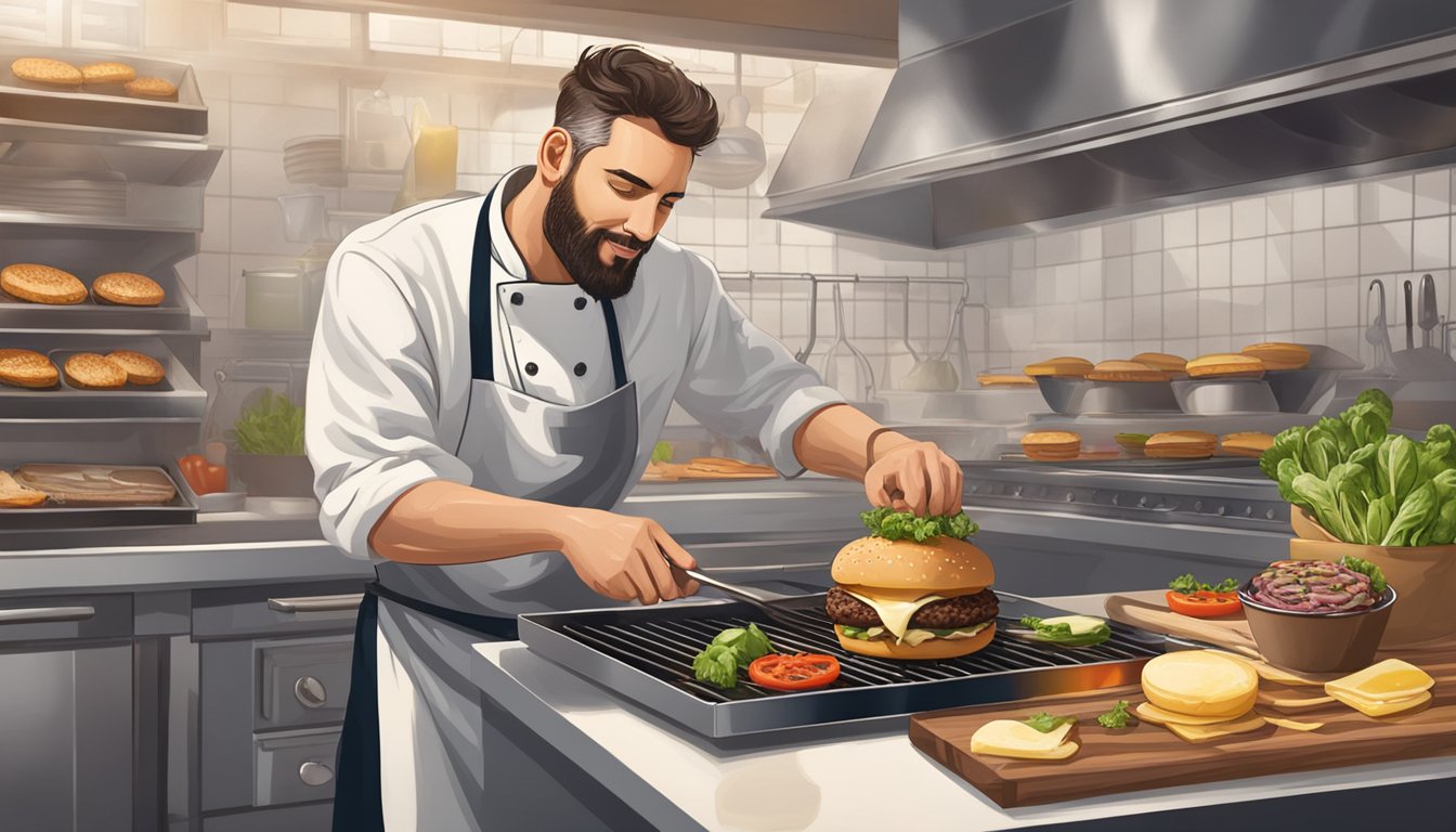 A chef grilling a juicy lamb burger, surrounded by fresh Texas ingredients and a dollop of roasted garlic aioli