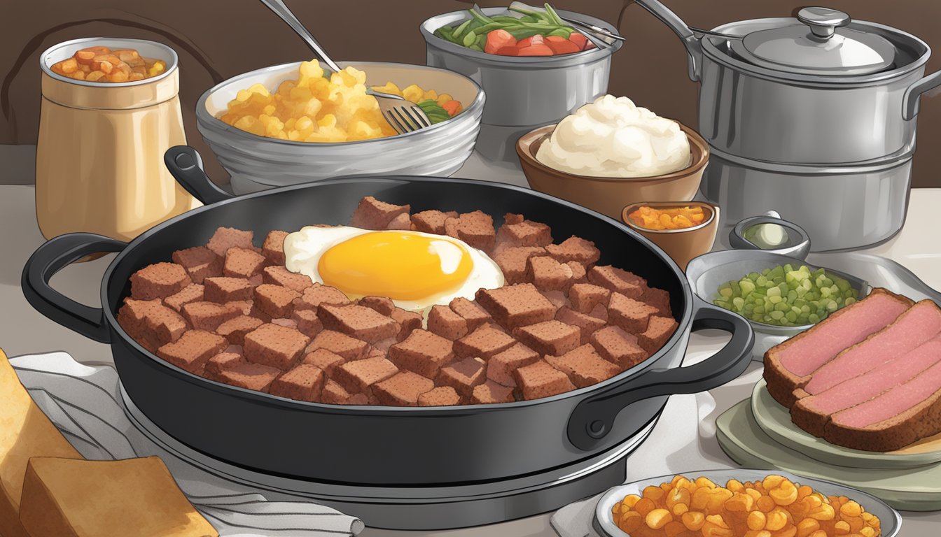 A steaming skillet of Texas-style corned beef hash with a side of southern-style accompaniments