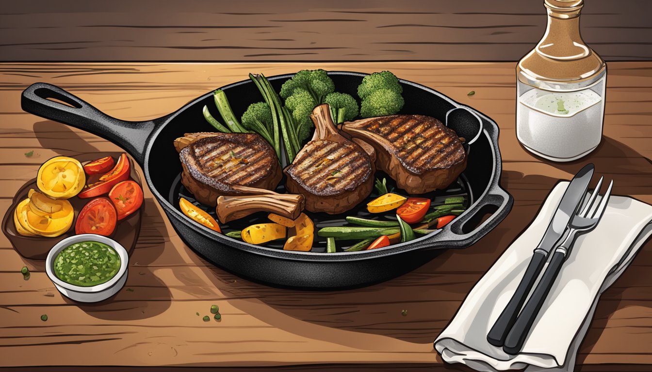 A sizzling cast iron skillet holds golden brown lamb chops with a side of grilled vegetables and a drizzle of savory sauce