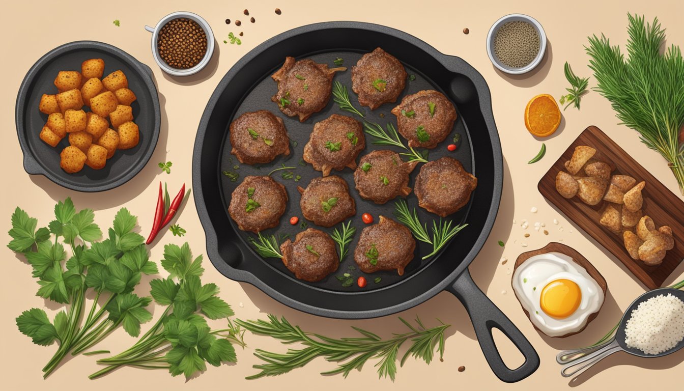 A sizzling skillet with pan-fried lamb chumps, surrounded by herbs and spices