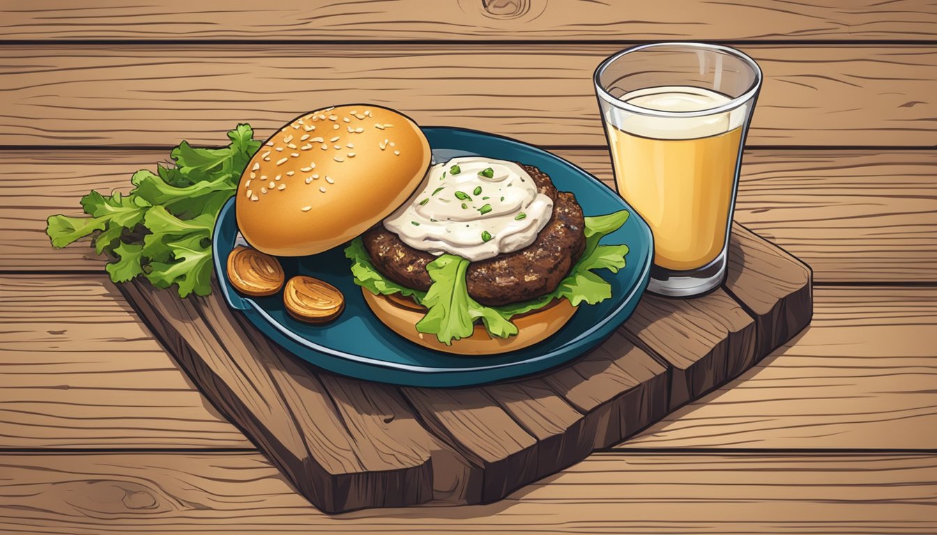 A juicy lamb burger topped with roasted garlic aioli, served with a glass of Texas wine on a rustic wooden table