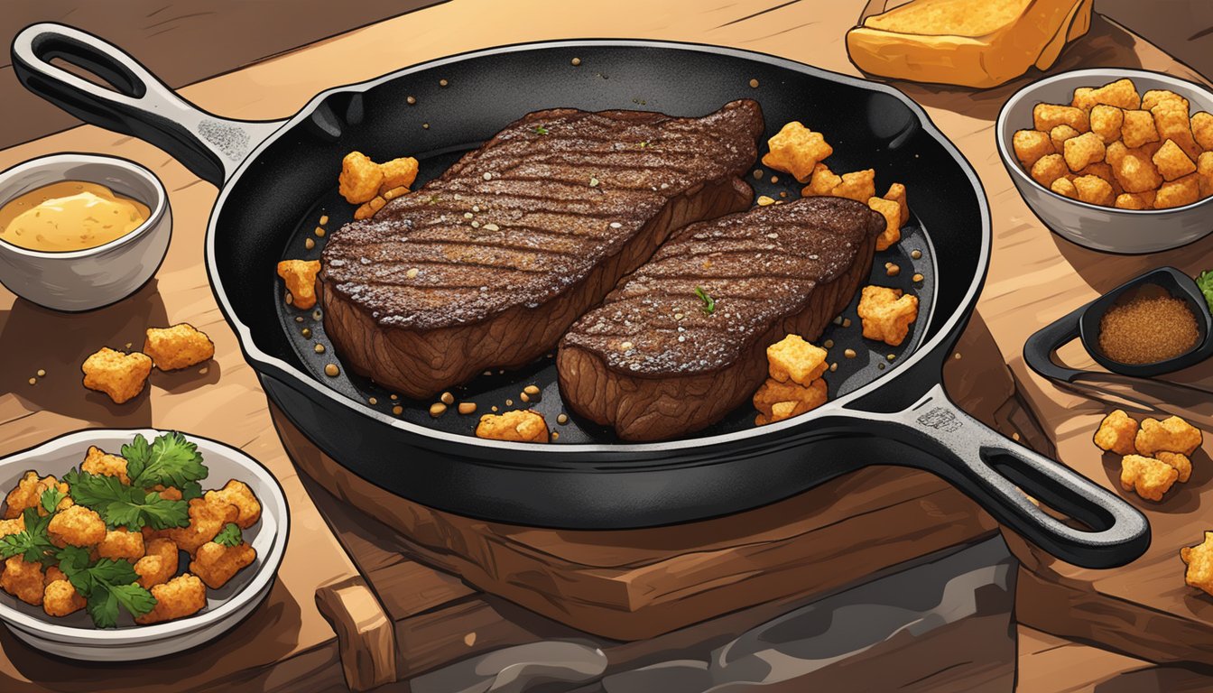 A sizzling ribeye steak frying in a cast iron skillet, with crispy, golden-brown chicharron coating and aromatic spices sizzling in the air