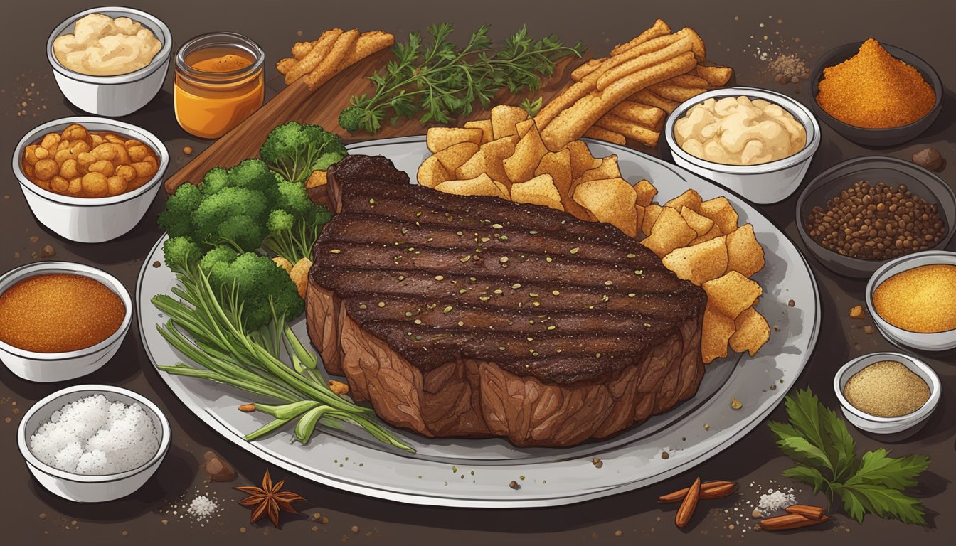 A sizzling ribeye steak seasoned with Texas-style chicharron, surrounded by sizzling spices and herbs