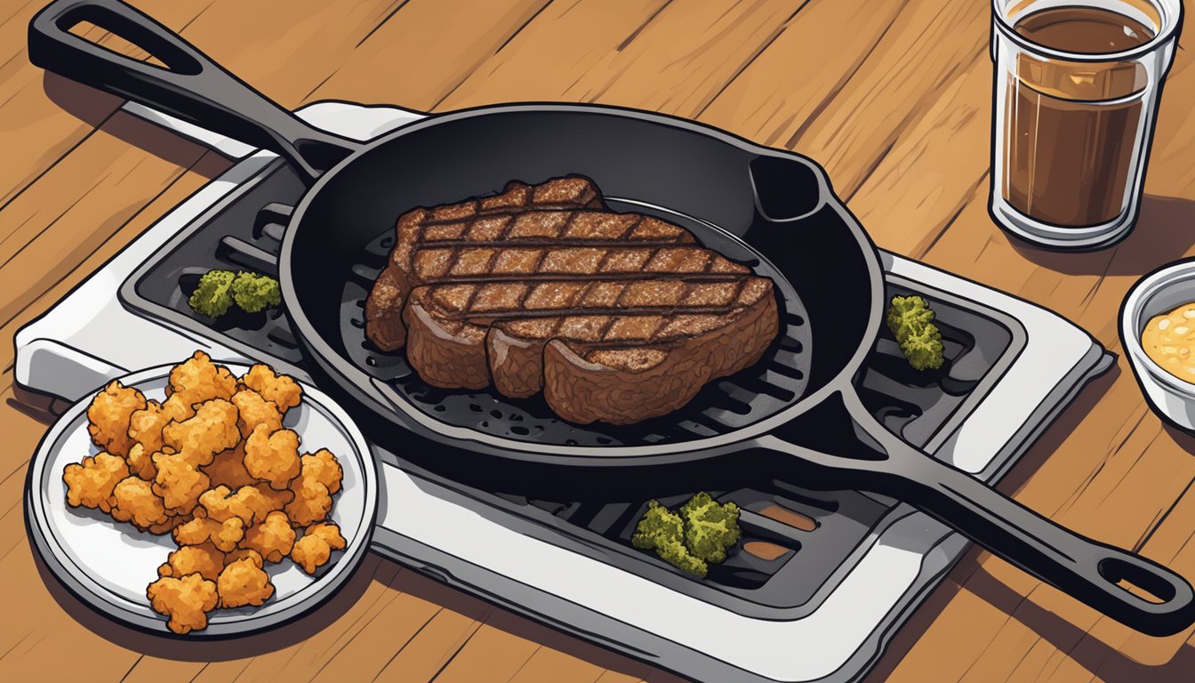 A sizzling ribeye steak is being expertly fried in a cast iron skillet, producing crispy, flavorful chicharrones with a Texas twist