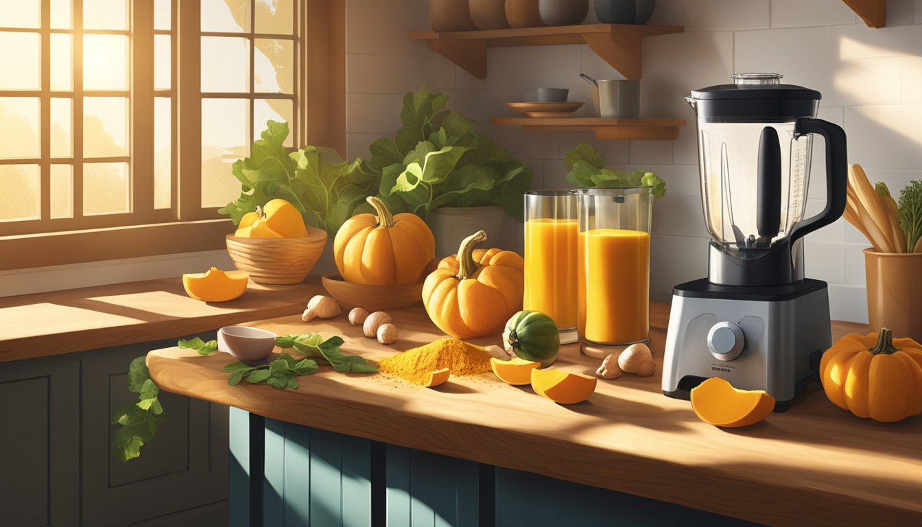 A rustic kitchen counter with a butternut squash, turmeric, and other ingredients arranged next to a blender. Sunlight streams in through a window, casting a warm glow on the scene