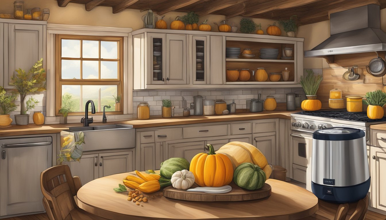 A rustic kitchen with a butternut squash, turmeric, and blender surrounded by Texas-themed decor