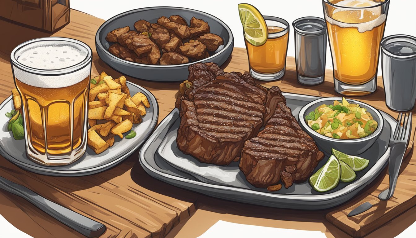 A sizzling plate of chicharron de ribeye served with a cold beer and a shot of tequila on the side