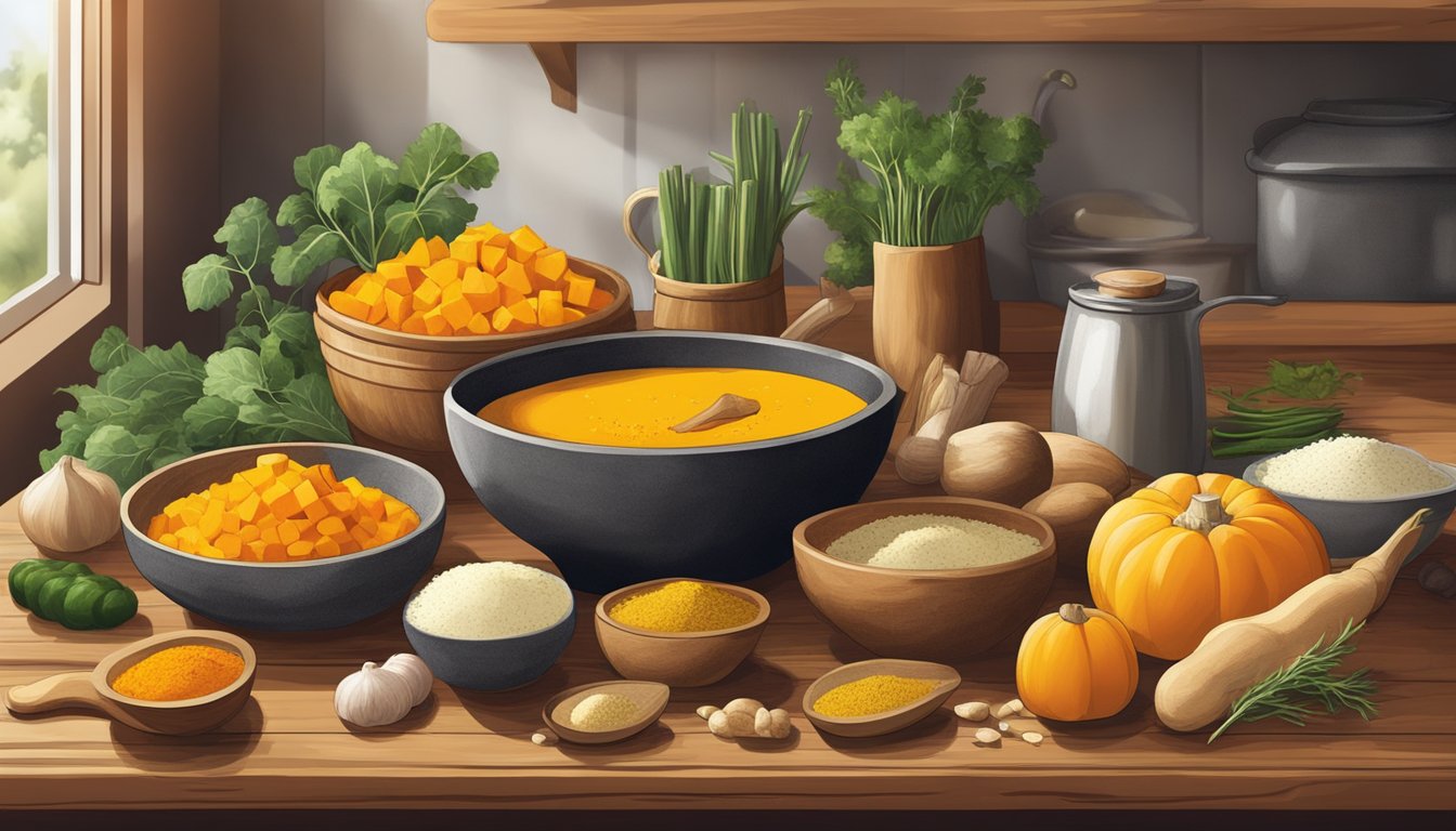 A rustic kitchen with fresh butternut squash, turmeric, and other ingredients laid out on a wooden table, ready to be blended into a vibrant, immune-boosting soup