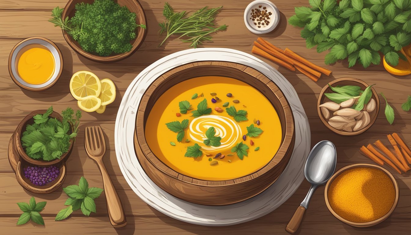 A rustic wooden table set with a steaming bowl of vibrant yellow butternut soup, surrounded by colorful spices and fresh herbs