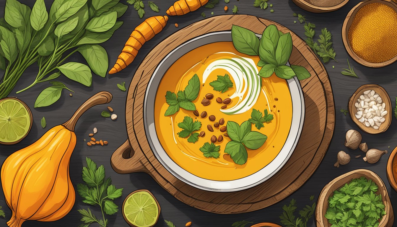 A rustic wooden table displays a steaming bowl of Texas-style turmeric butternut blender soup, surrounded by vibrant spices and fresh herbs