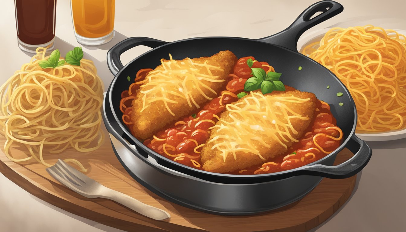 A sizzling skillet with a golden-brown breaded chicken breast topped with marinara sauce and melted cheese, served alongside a heaping pile of spaghetti