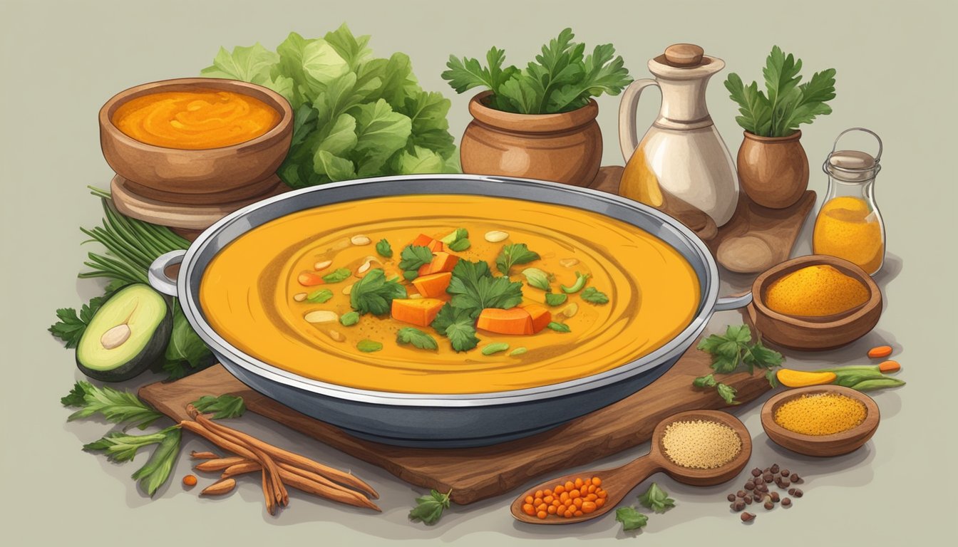 A rustic kitchen with a steaming pot of turmeric butternut soup surrounded by vibrant spices and fresh vegetables