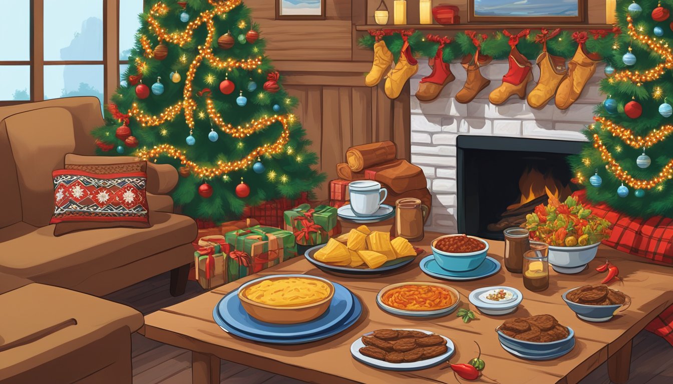 A cozy living room adorned with cowboy boots, a cowboy hat, and a lasso hanging from the mantel. A Christmas tree decorated with cowboy-themed ornaments and strings of chili peppers. A table set with traditional Texas holiday dishes like tamales, brisket, and pecan pie