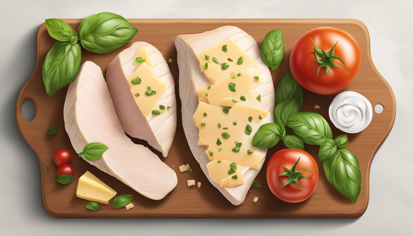 A wooden cutting board with fresh chicken breasts, tomatoes, basil, and cheese