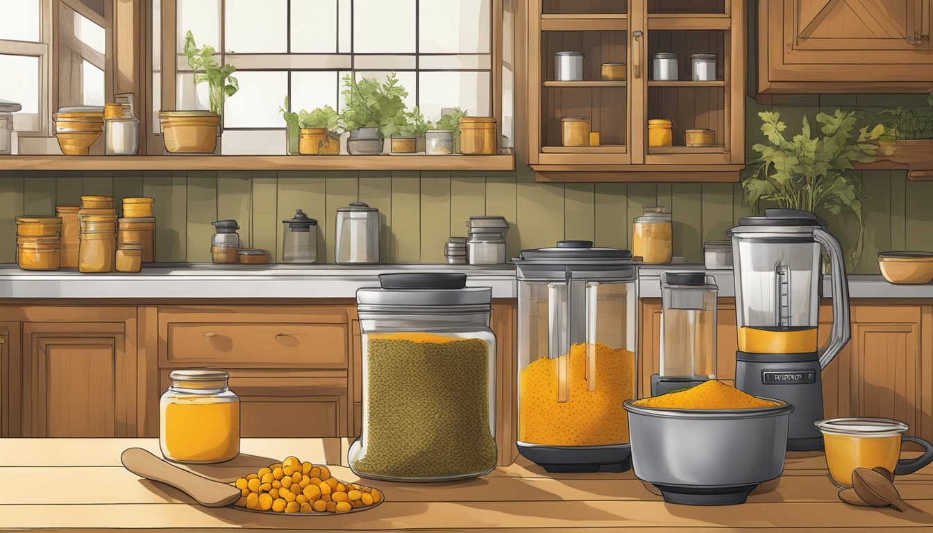 A rustic kitchen with jars of spices, fresh butternut squash, and a blender filled with vibrant turmeric soup