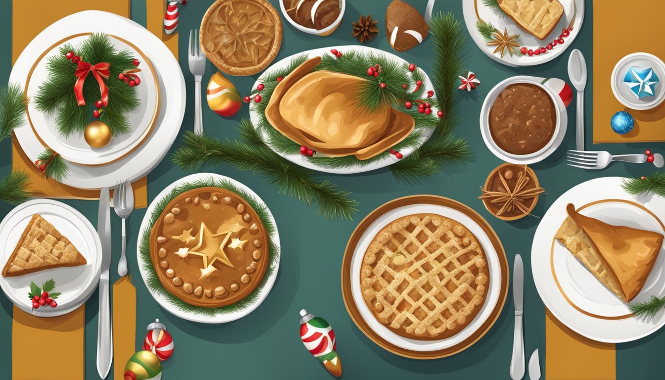 A festive Texas Christmas table set with traditional holiday dishes and decorations