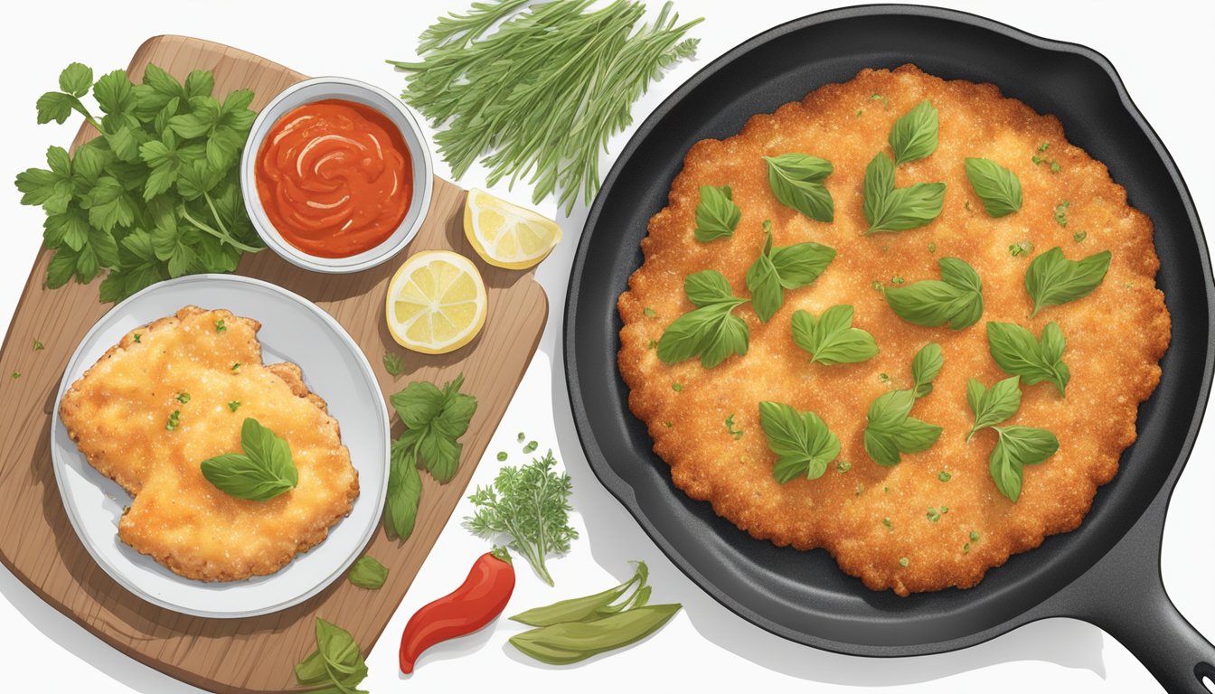 A skillet sizzling with breaded chicken topped with marinara and melted cheese, surrounded by fresh herbs and spices