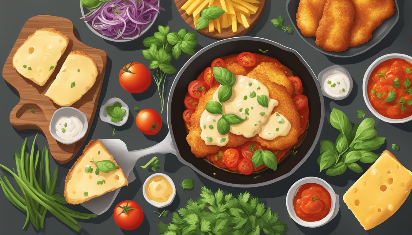 A sizzling skillet of crispy, golden-brown chicken parmesan topped with melted cheese and zesty tomato sauce, surrounded by fresh herbs and colorful vegetables