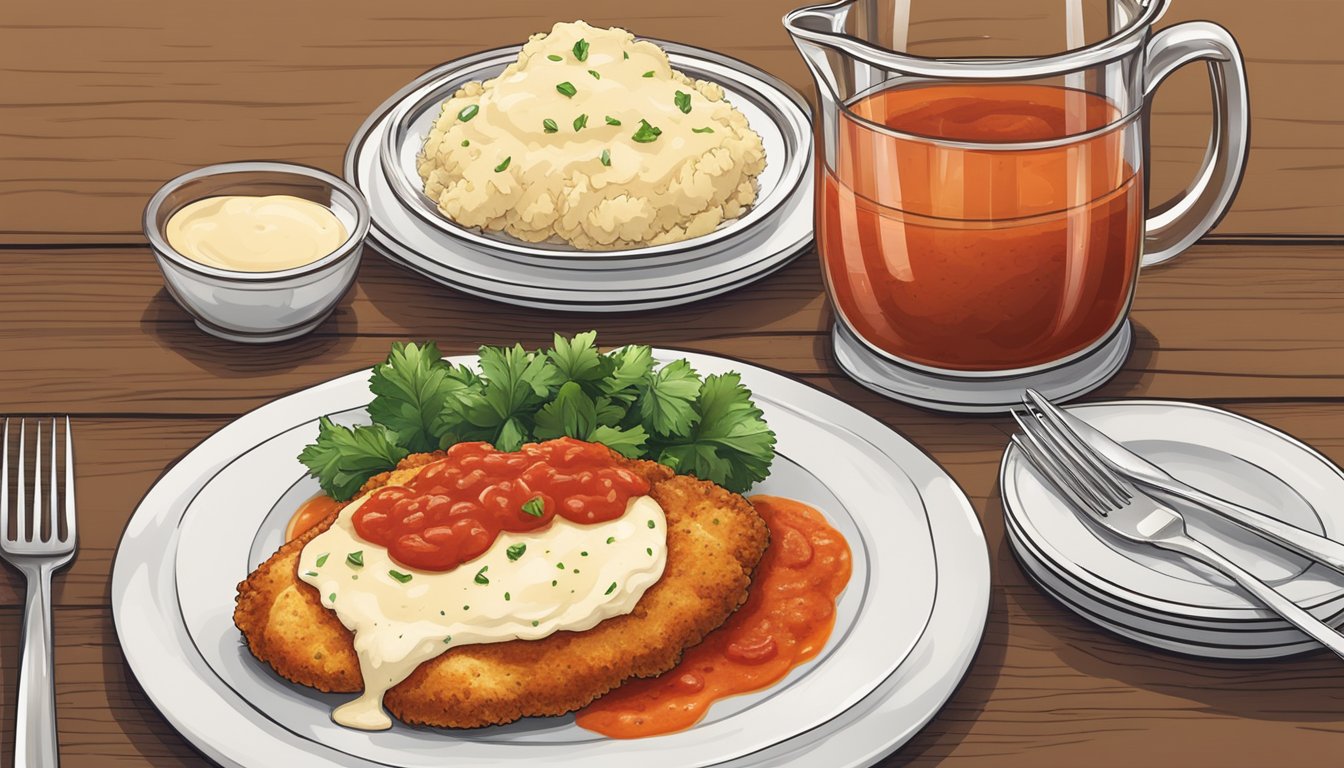 A rustic wooden table set with a plate of golden-brown chicken parmesan, a side of creamy mashed potatoes, and a bowl of zesty marinara sauce